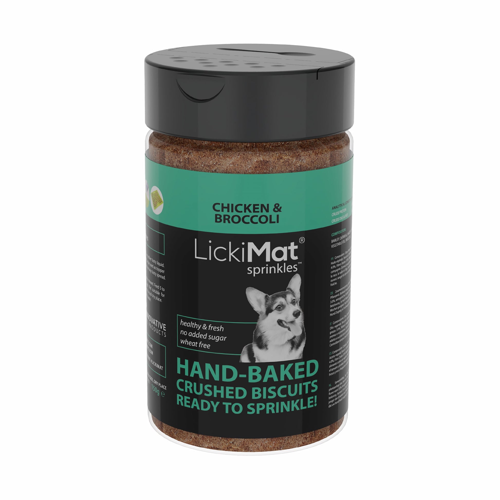 LickiMat chicken and broccoli sprinkles jar on a white background