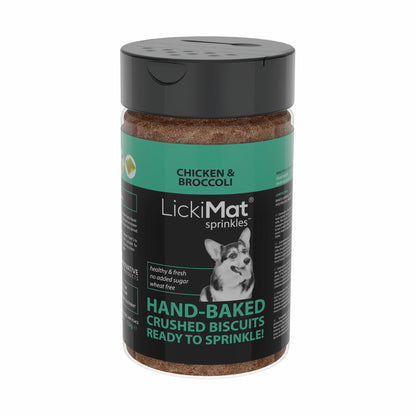 LickiMat chicken and broccoli sprinkles jar on a white background