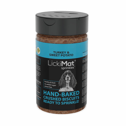 LickiMat sprinkles jar for dogs with turkey and sweet potato flavor on a white background
