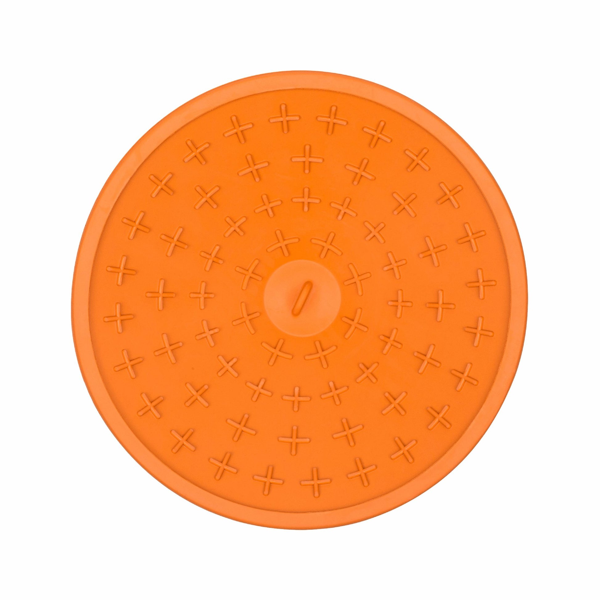 Orange LickiMat® Splash™ – Suction Slow Feeder for Dogs, Grooming & Bath Time (top) on a white background