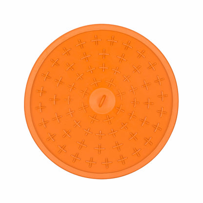 Orange LickiMat® Splash™ – Suction Slow Feeder for Dogs, Grooming & Bath Time (top) on a white background