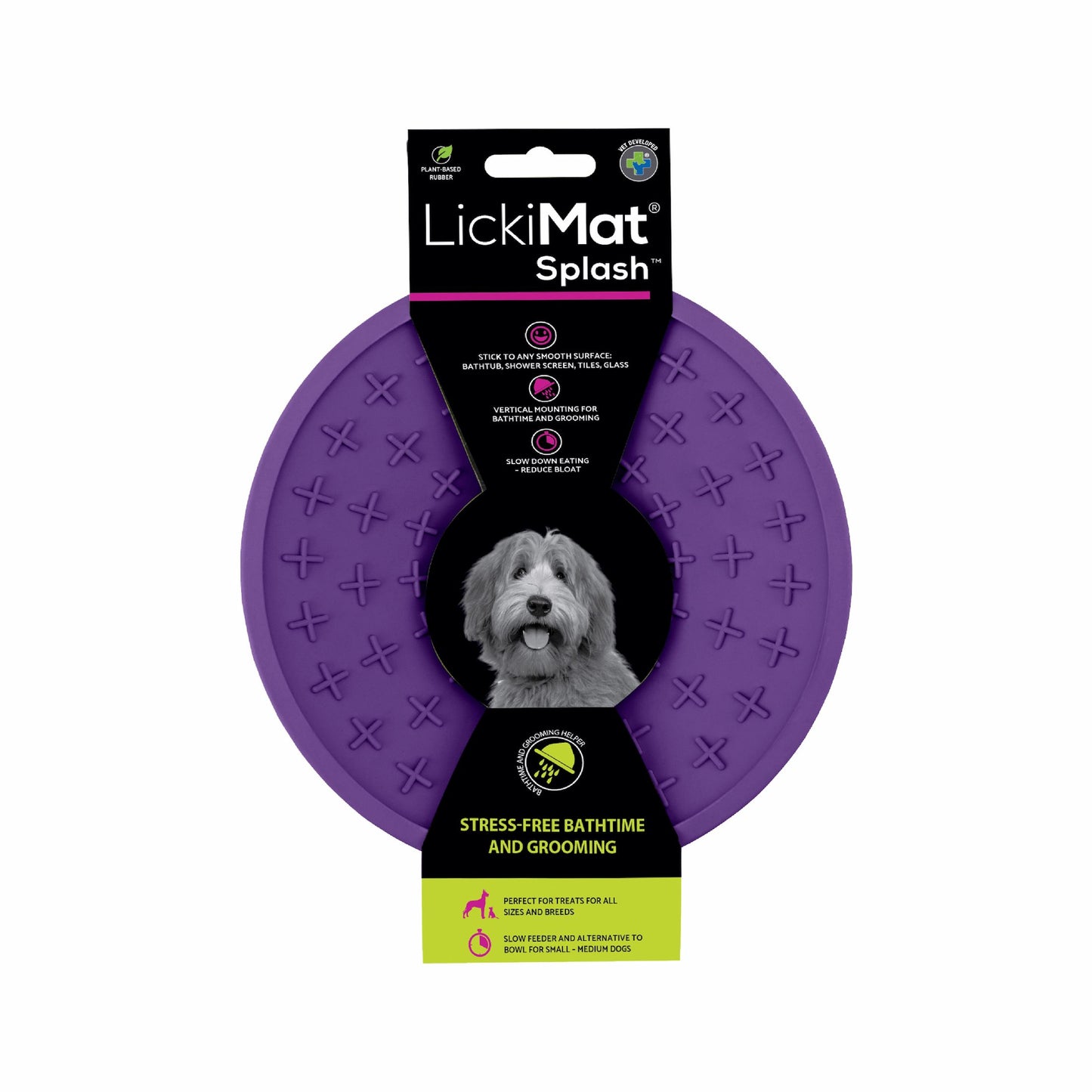 Purple LickiMat® Splash™ – Suction Slow Feeder for Dogs, Grooming & Bath Time (label) on a white background