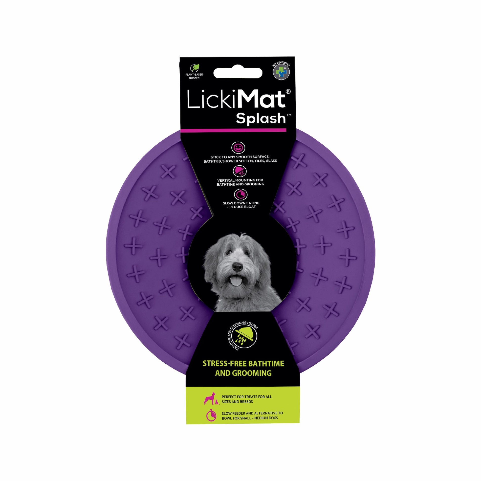 Purple LickiMat® Splash™ – Suction Slow Feeder for Dogs, Grooming & Bath Time (label) on a white background