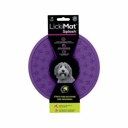 Purple LickiMat® Splash™ – Suction Slow Feeder for Dogs, Grooming & Bath Time (label) on a white background