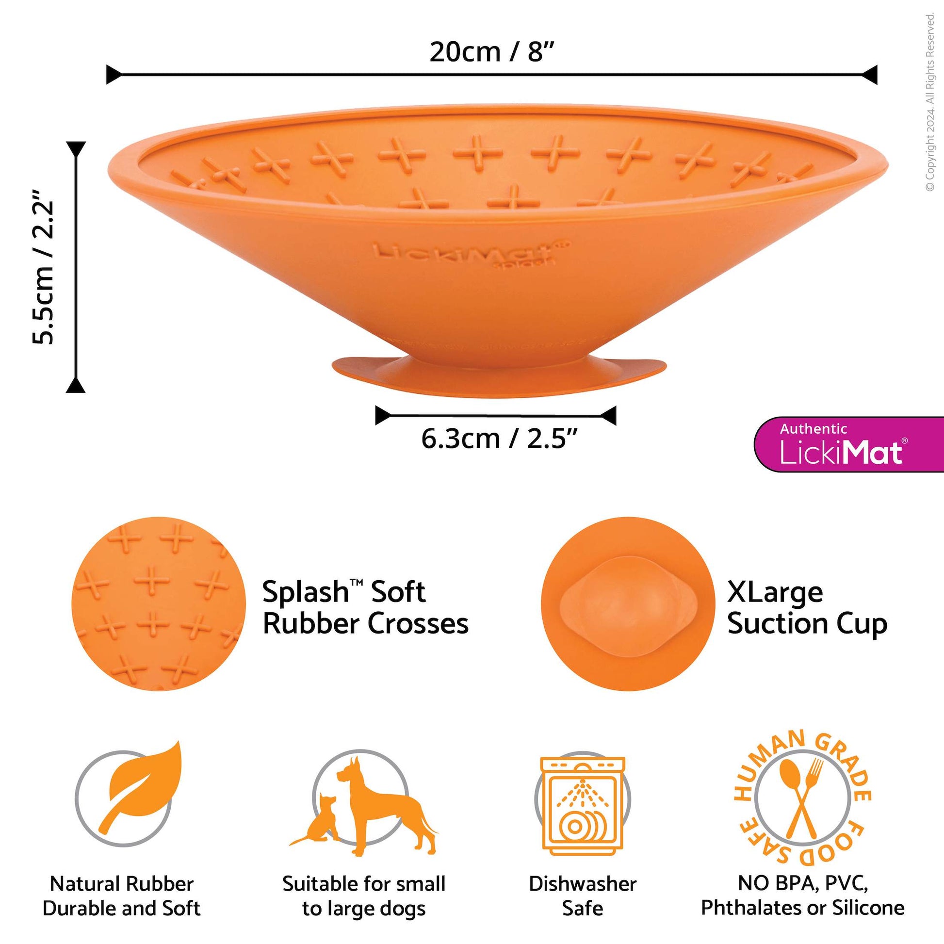 Orange LickiMat® Splash™ – Suction Slow Feeder for Dogs, Grooming & Bath Time (measurements) on a white background