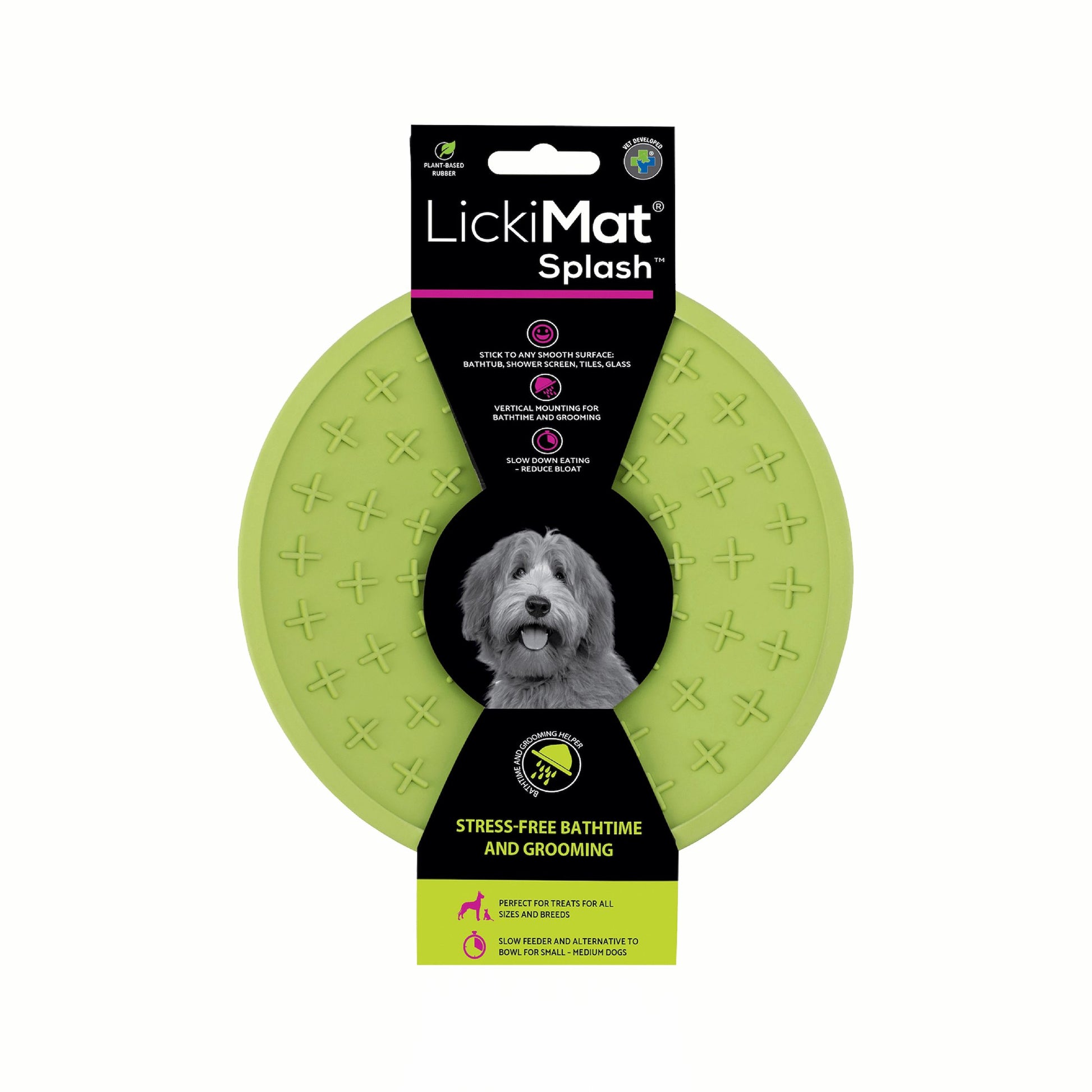 Green LickiMat® Splash™ – Suction Slow Feeder for Dogs, Grooming & Bath Time (label) on a white background