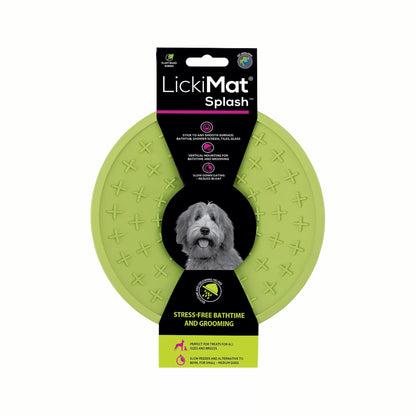 Green LickiMat® Splash™ – Suction Slow Feeder for Dogs, Grooming & Bath Time (label) on a white background