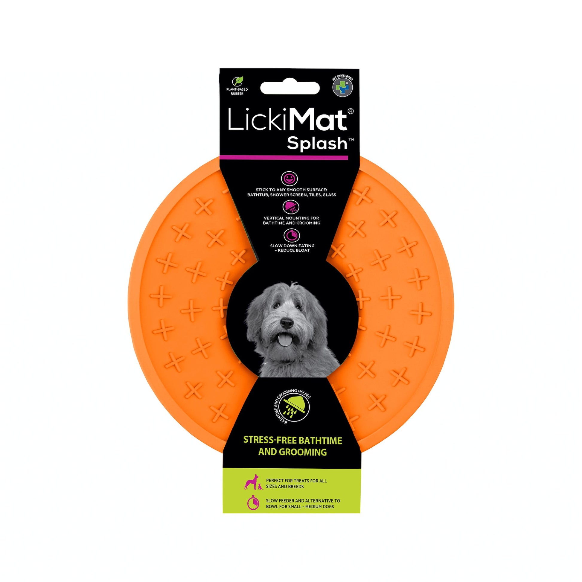 Orange LickiMat® Splash™ – Suction Slow Feeder for Dogs, Grooming & Bath Time (label) on a white background