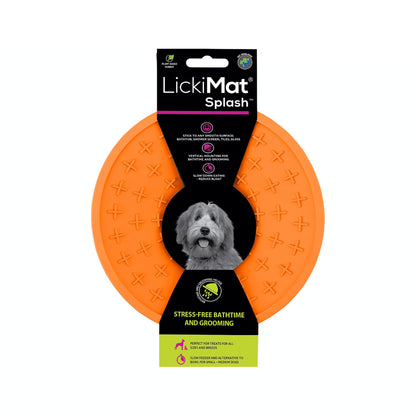 Orange LickiMat® Splash™ – Suction Slow Feeder for Dogs, Grooming & Bath Time (label) on a white background