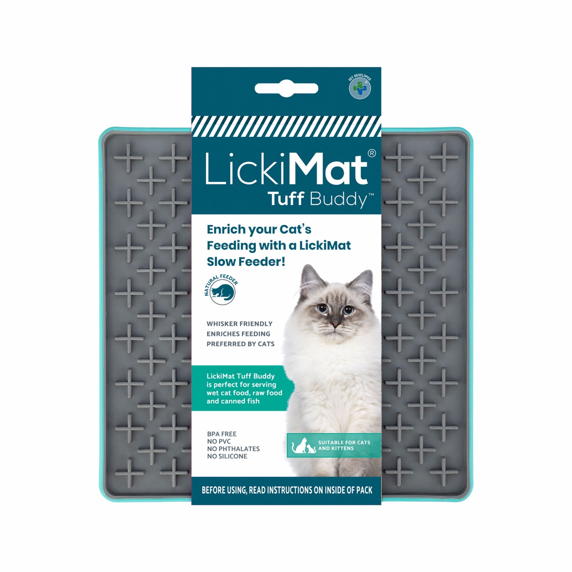 Turquoise LickiMat® Tuff Playdate™ for Cats – Durable Slow Feeder Lick Mat on white background (in package)