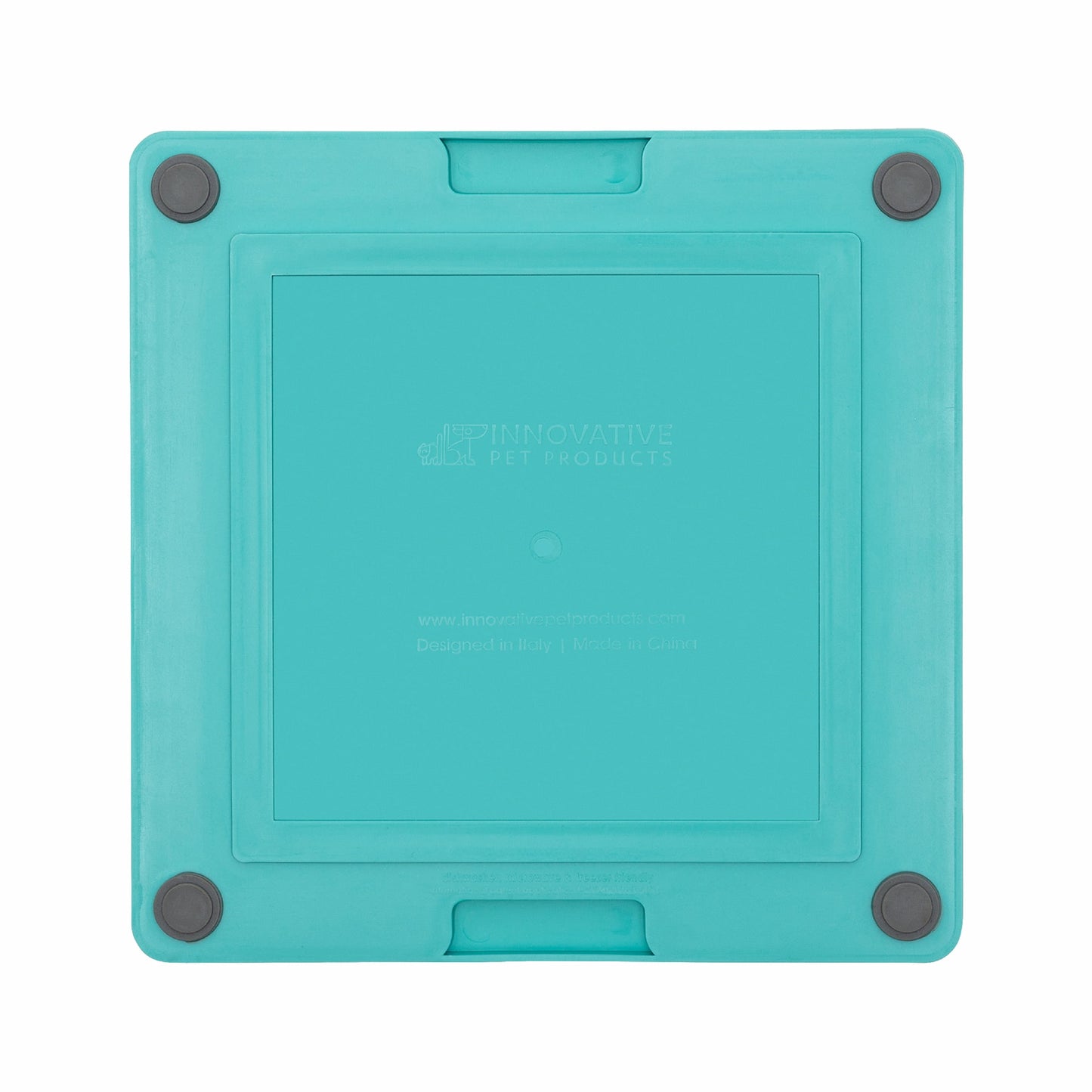 Turquoise LickiMat® Tuff Playdate™ for Cats – Durable Slow Feeder Lick Mat on white background (rear view)
