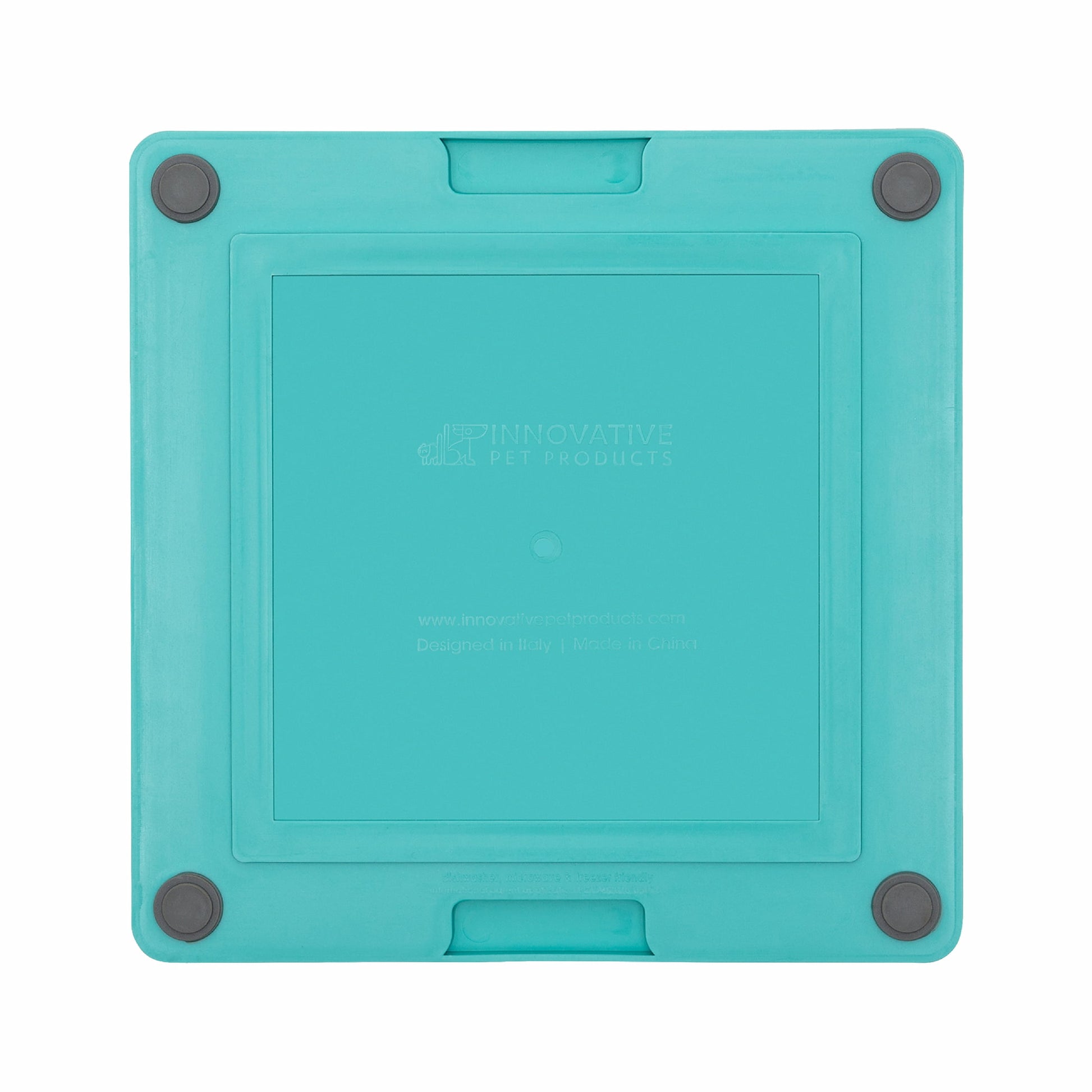 Turquoise LickiMat® Tuff Playdate™ for Cats – Durable Slow Feeder Lick Mat on white background (rear view)