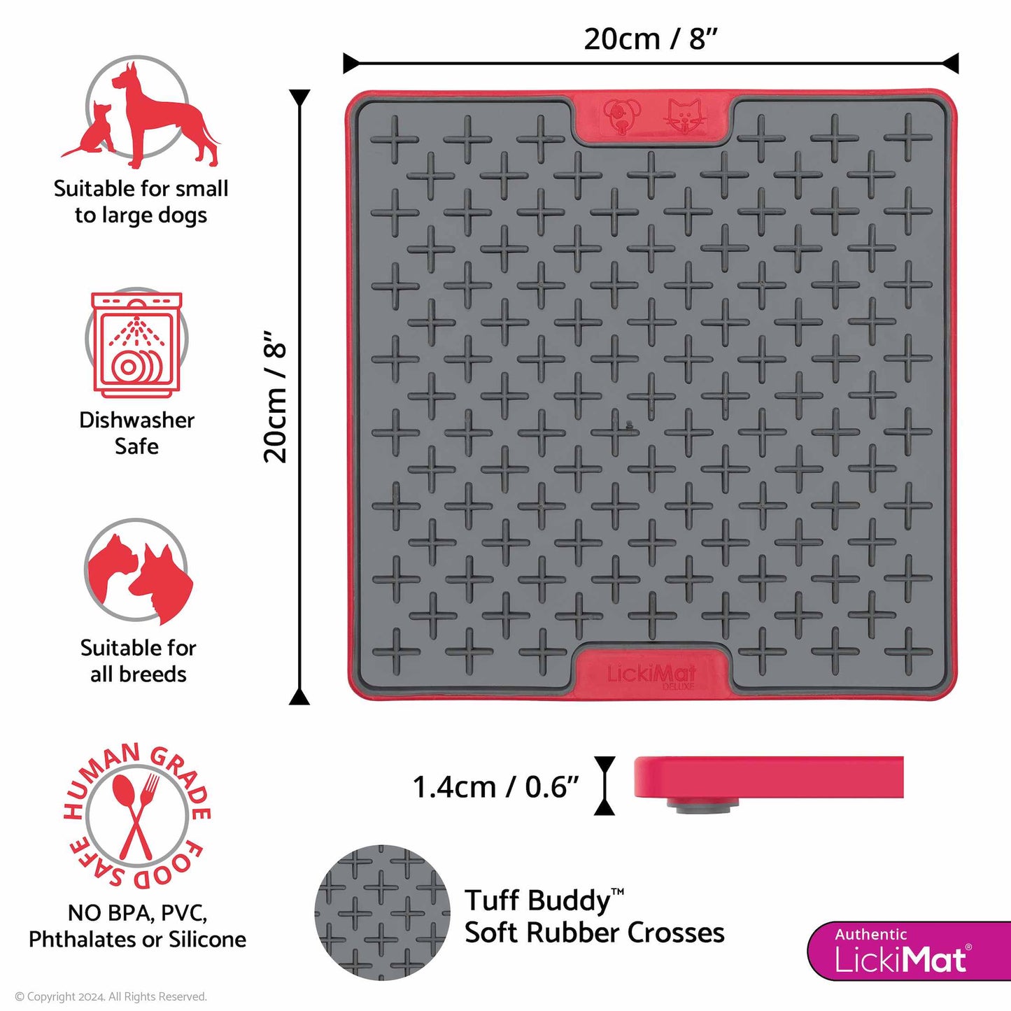 Red LickiMat® Tuff Buddy™ – Durable Slow Feeder Lick Mat for Dogs (Measurements) on a white background