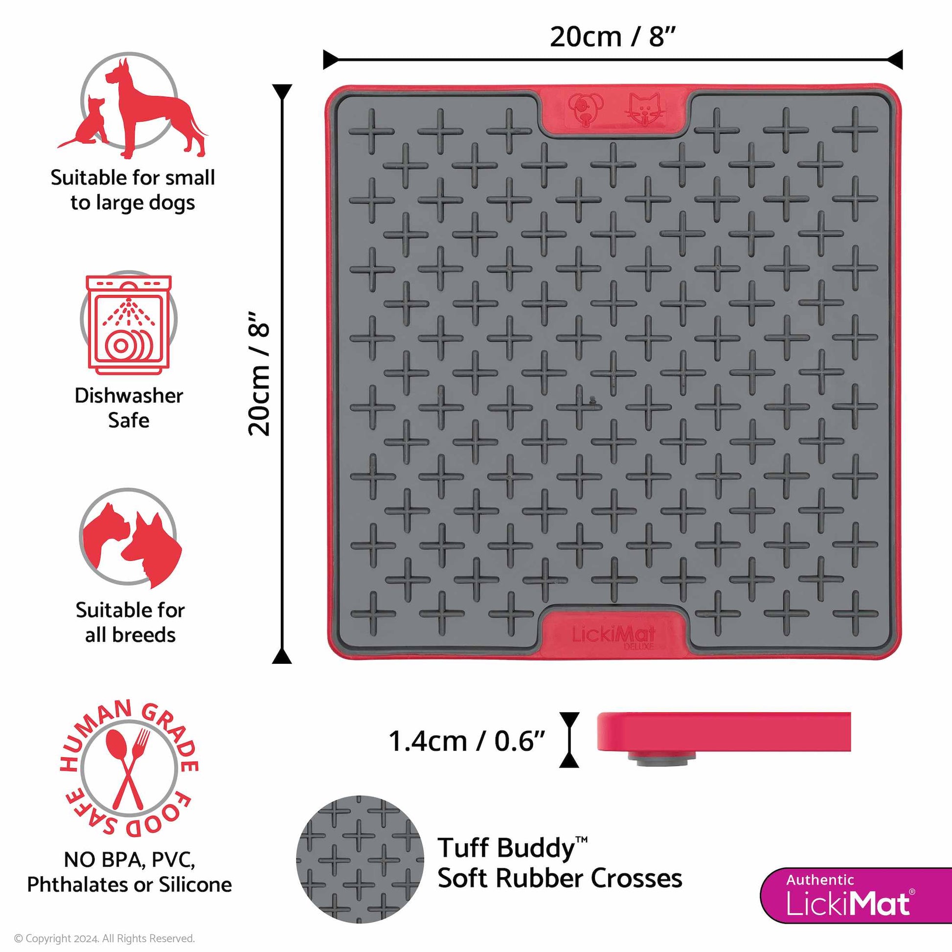 Red LickiMat® Tuff Buddy™ – Durable Slow Feeder Lick Mat for Dogs (Measurements) on a white background