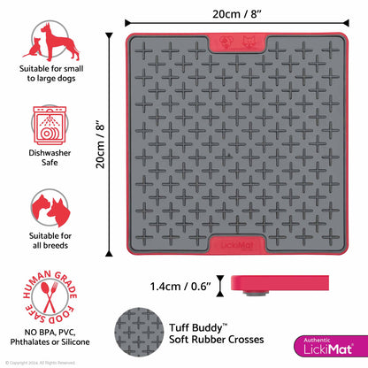 Red LickiMat® Tuff Buddy™ – Durable Slow Feeder Lick Mat for Dogs (Measurements) on a white background