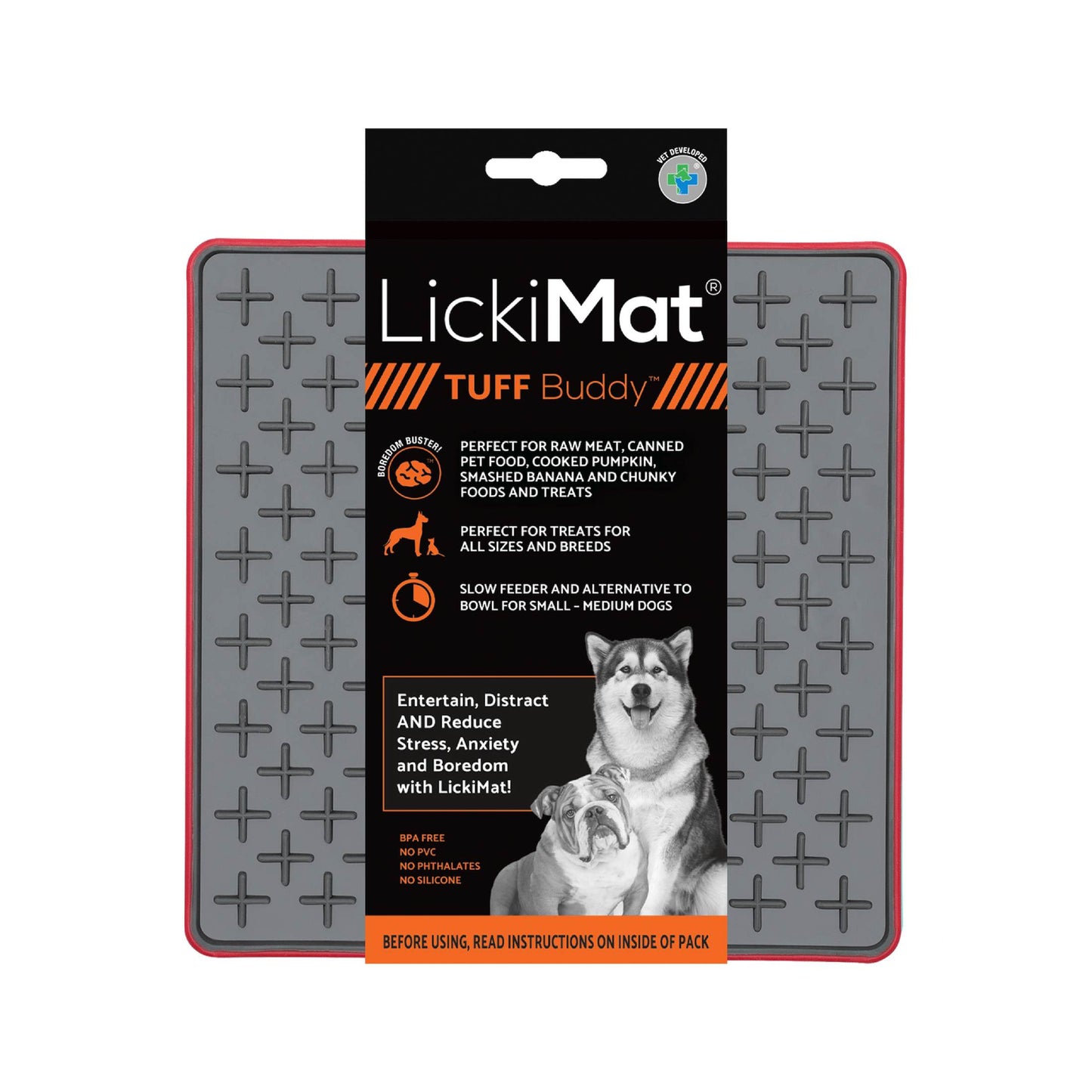 Red LickiMat® Tuff Buddy™ – Durable Slow Feeder Lick Mat for Dogs (label) on a white background