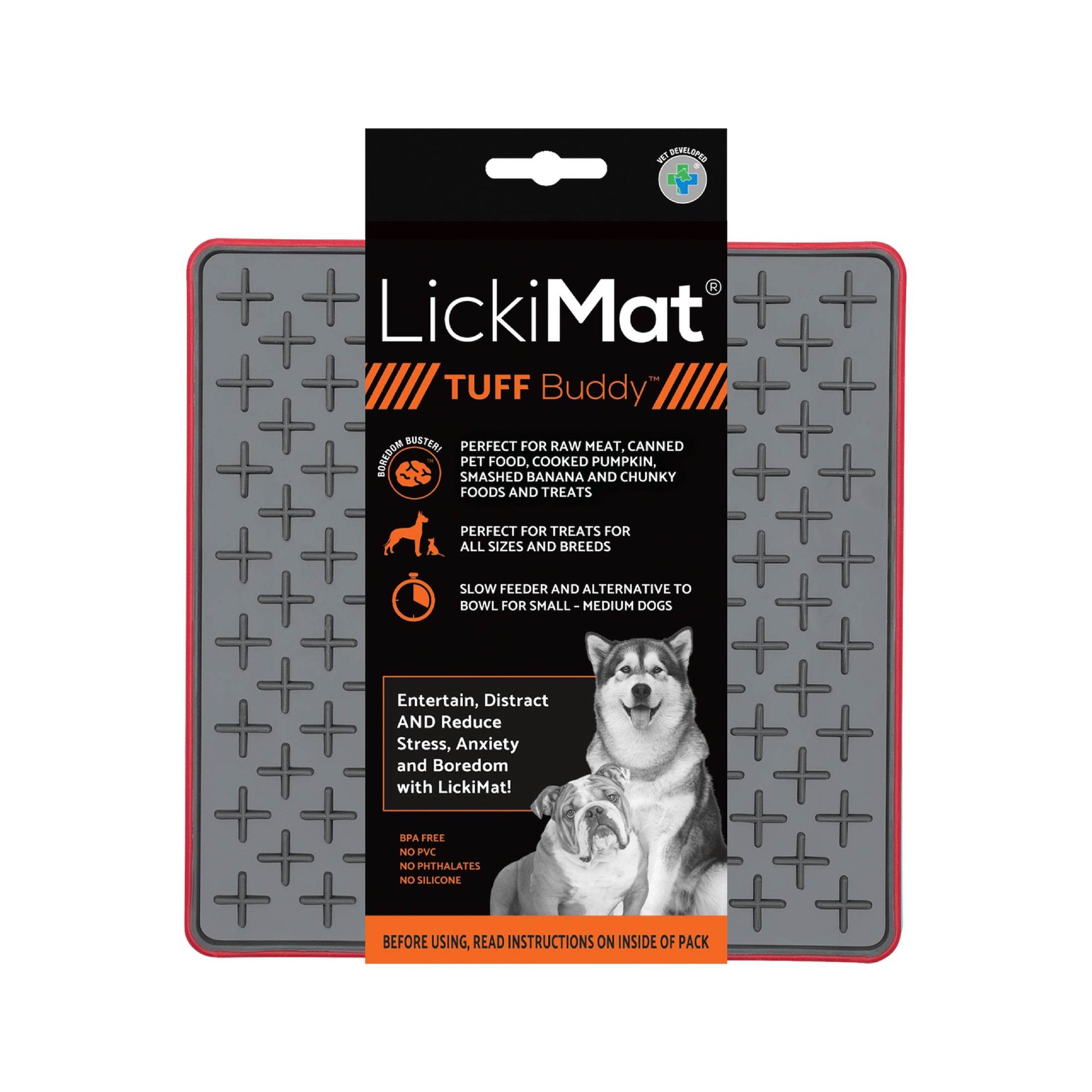Red LickiMat® Tuff Buddy™ – Durable Slow Feeder Lick Mat for Dogs (label) on a white background