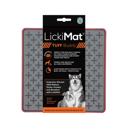Red LickiMat® Tuff Buddy™ – Durable Slow Feeder Lick Mat for Dogs (label) on a white background