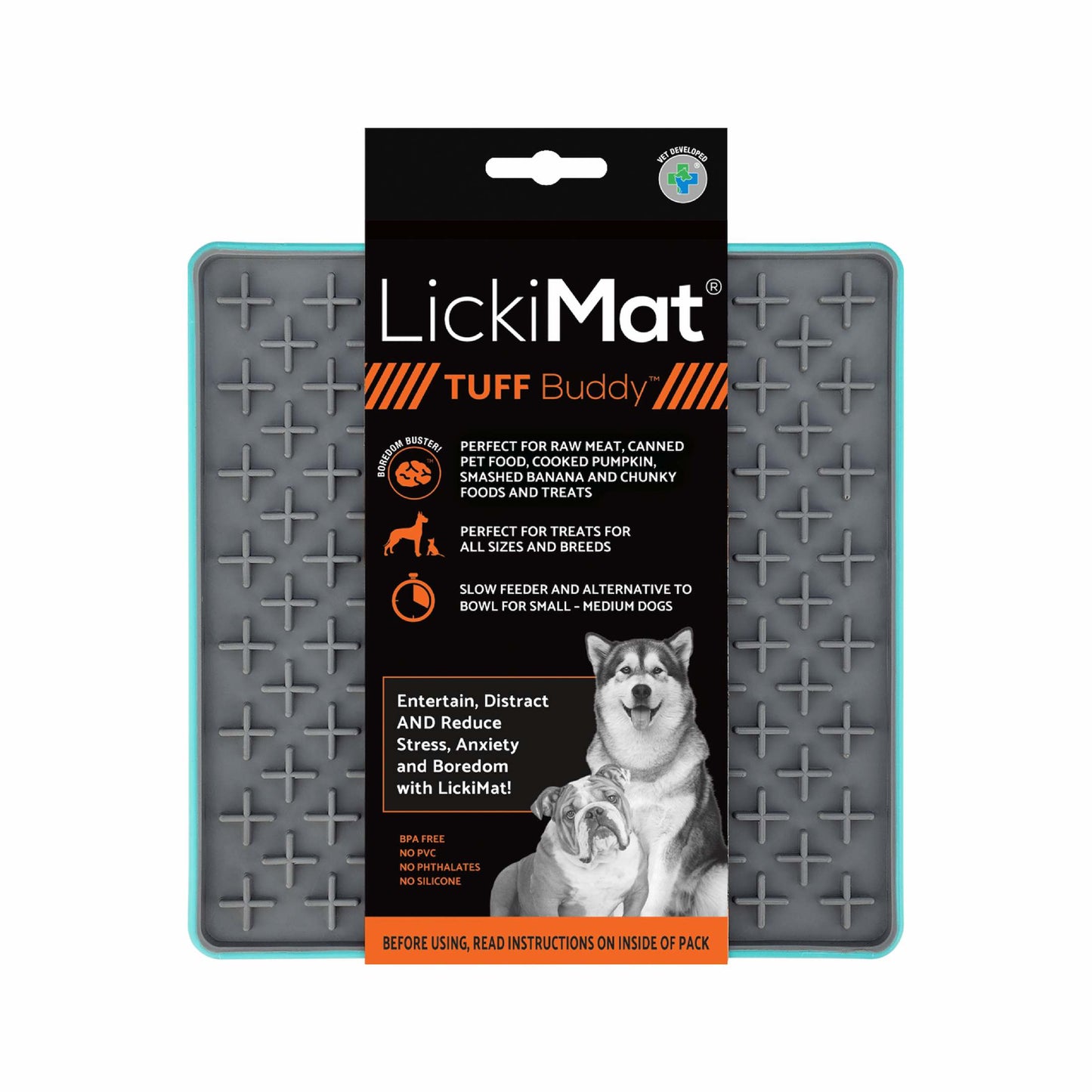 Turquoise LickiMat® Tuff Buddy™ – Durable Slow Feeder Lick Mat for Dogs (label) on a white background