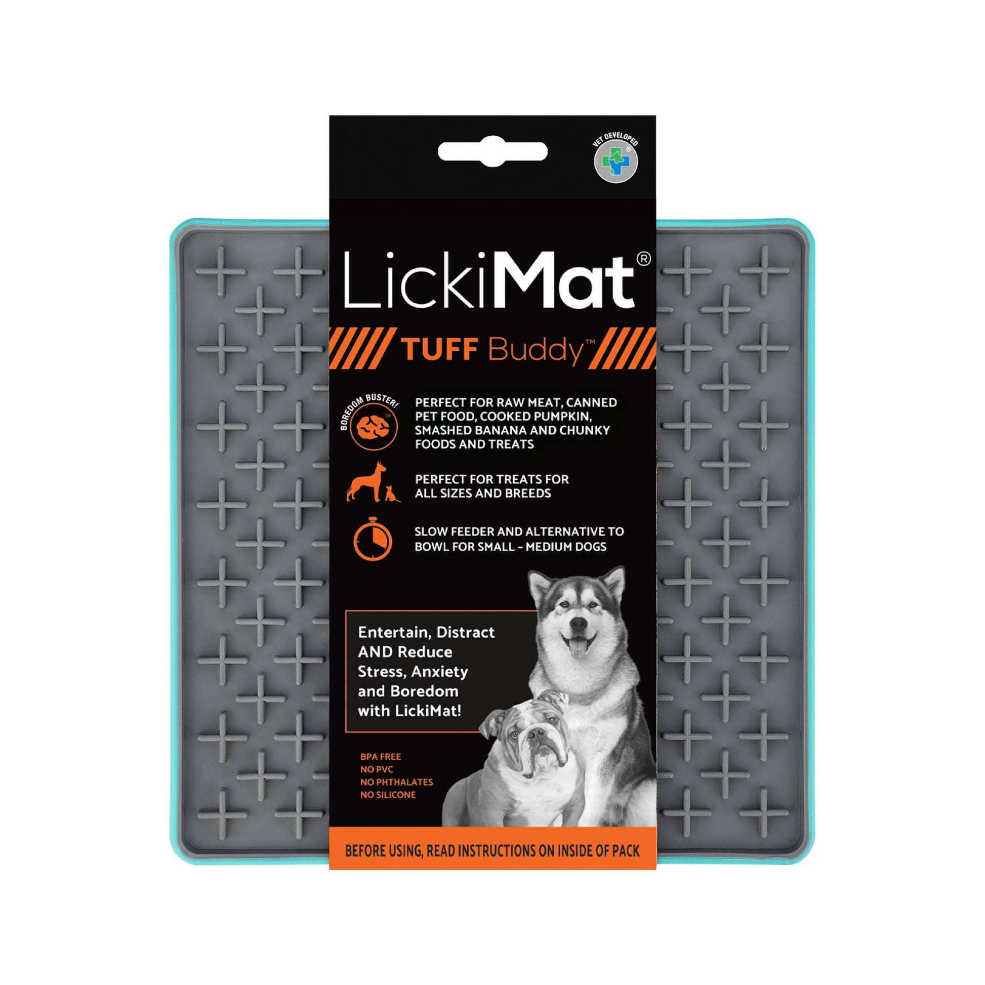 Turquoise LickiMat® Tuff Buddy™ – Durable Slow Feeder Lick Mat for Dogs (label) on a white background