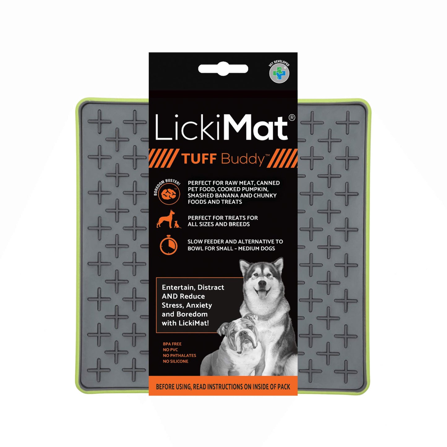 Green LickiMat® Tuff Buddy™ – Durable Slow Feeder Lick Mat for Dogs (label) on a white background