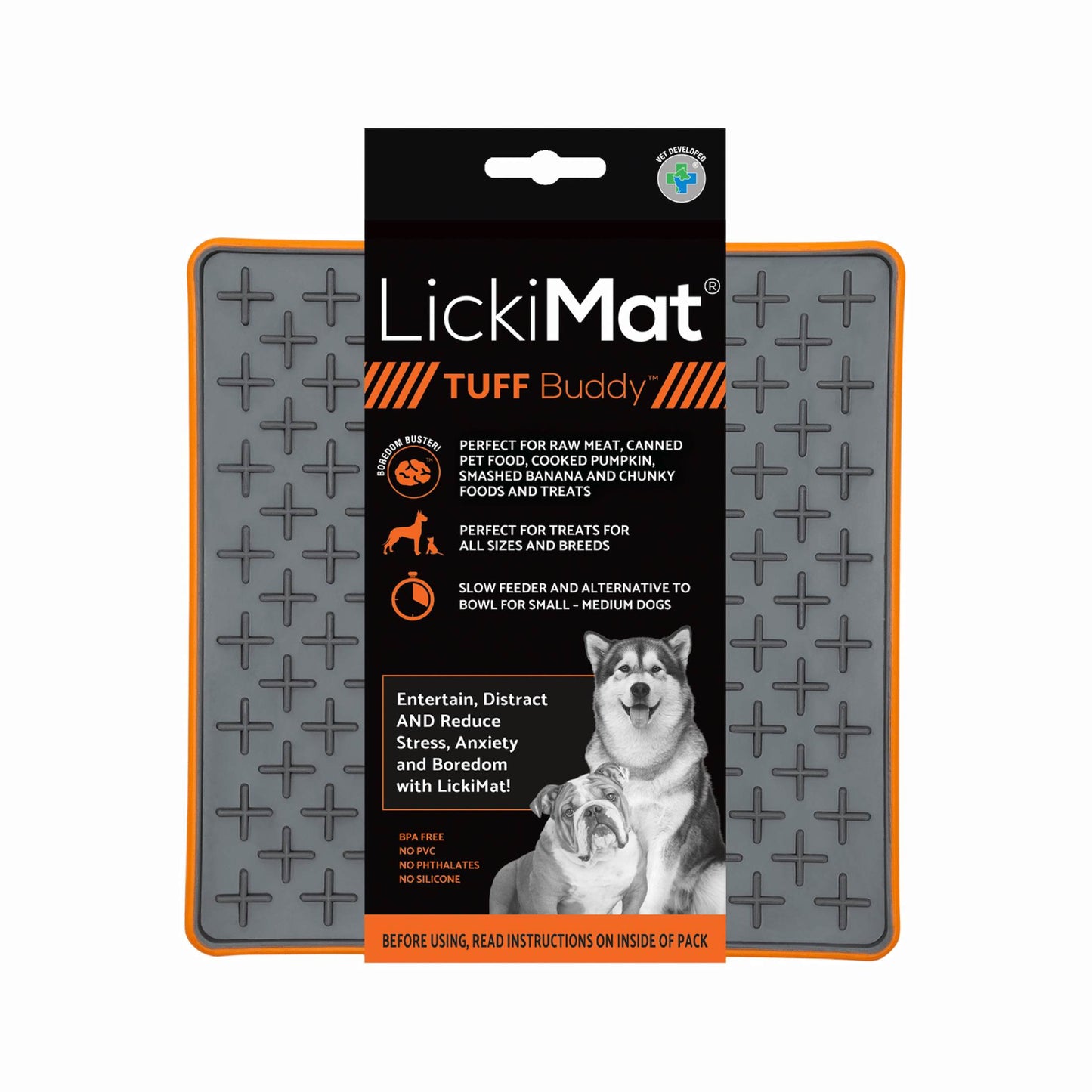 Orange LickiMat® Tuff Buddy™ – Durable Slow Feeder Lick Mat for Dogs (label) on a white background