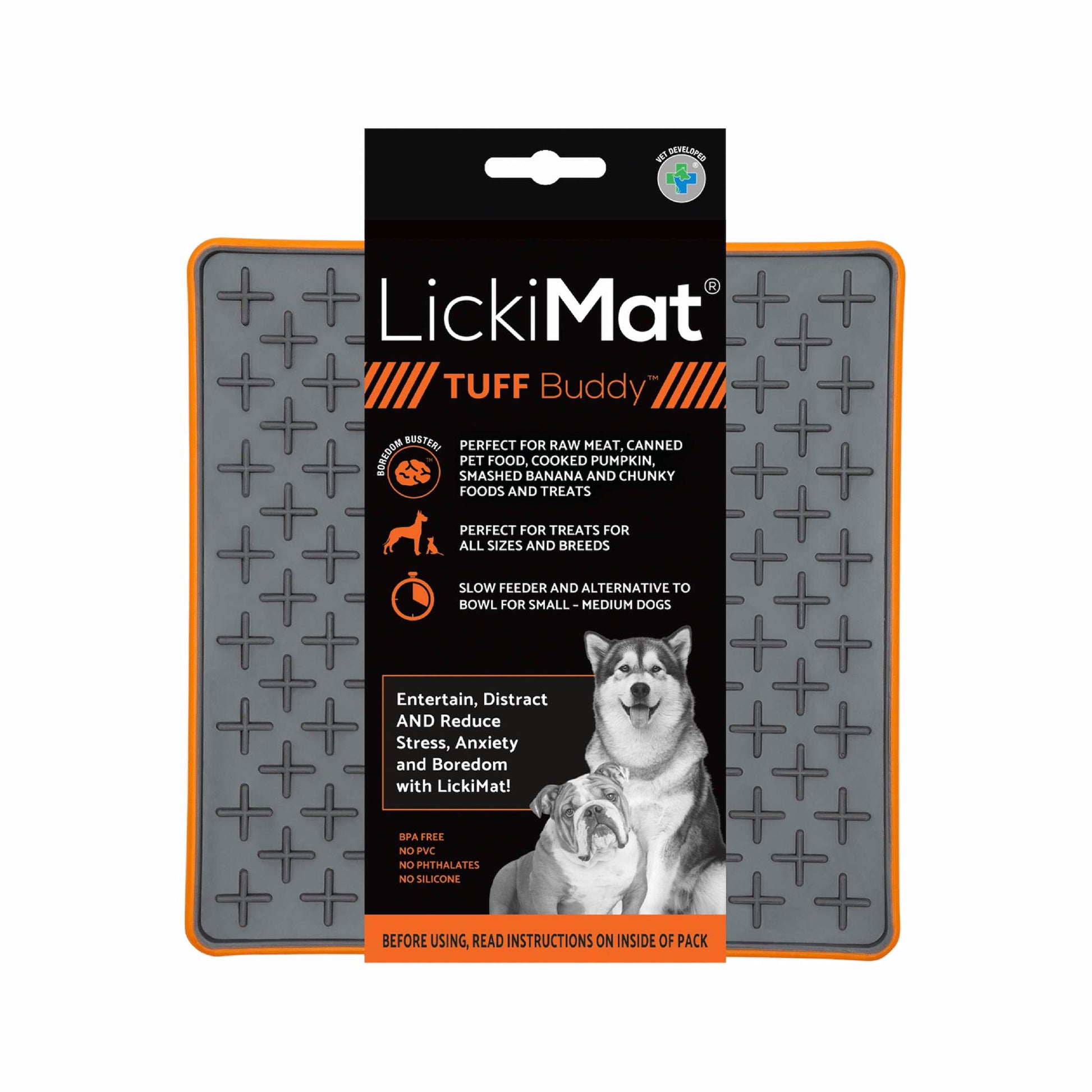 Orange LickiMat® Tuff Buddy™ – Durable Slow Feeder Lick Mat for Dogs (label) on a white background
