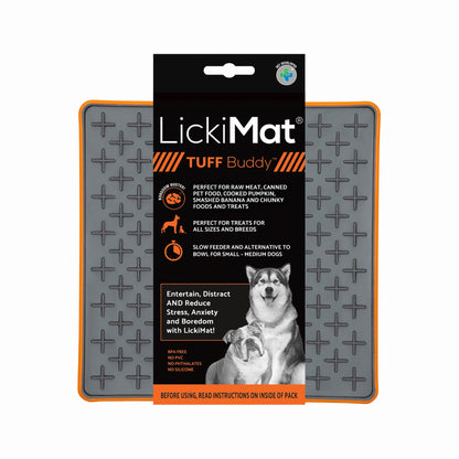 Orange LickiMat® Tuff Buddy™ – Durable Slow Feeder Lick Mat for Dogs (label) on a white background