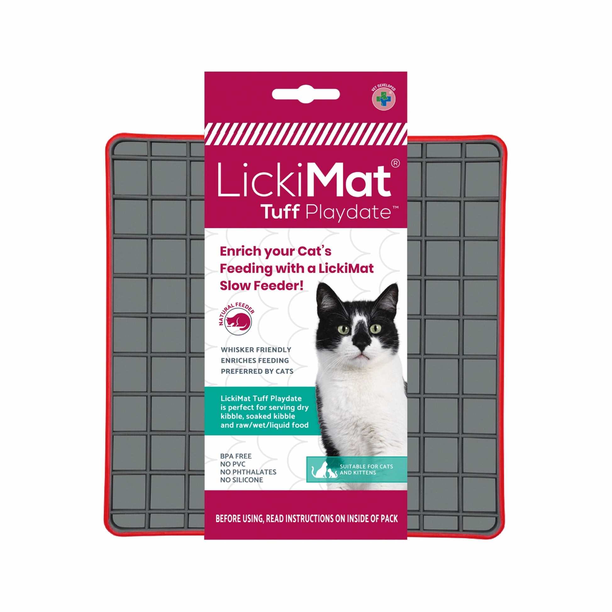 Red LickiMat® Tuff Playdate™ for Cats – Durable Slow Feeder Lick Mat in package on white background