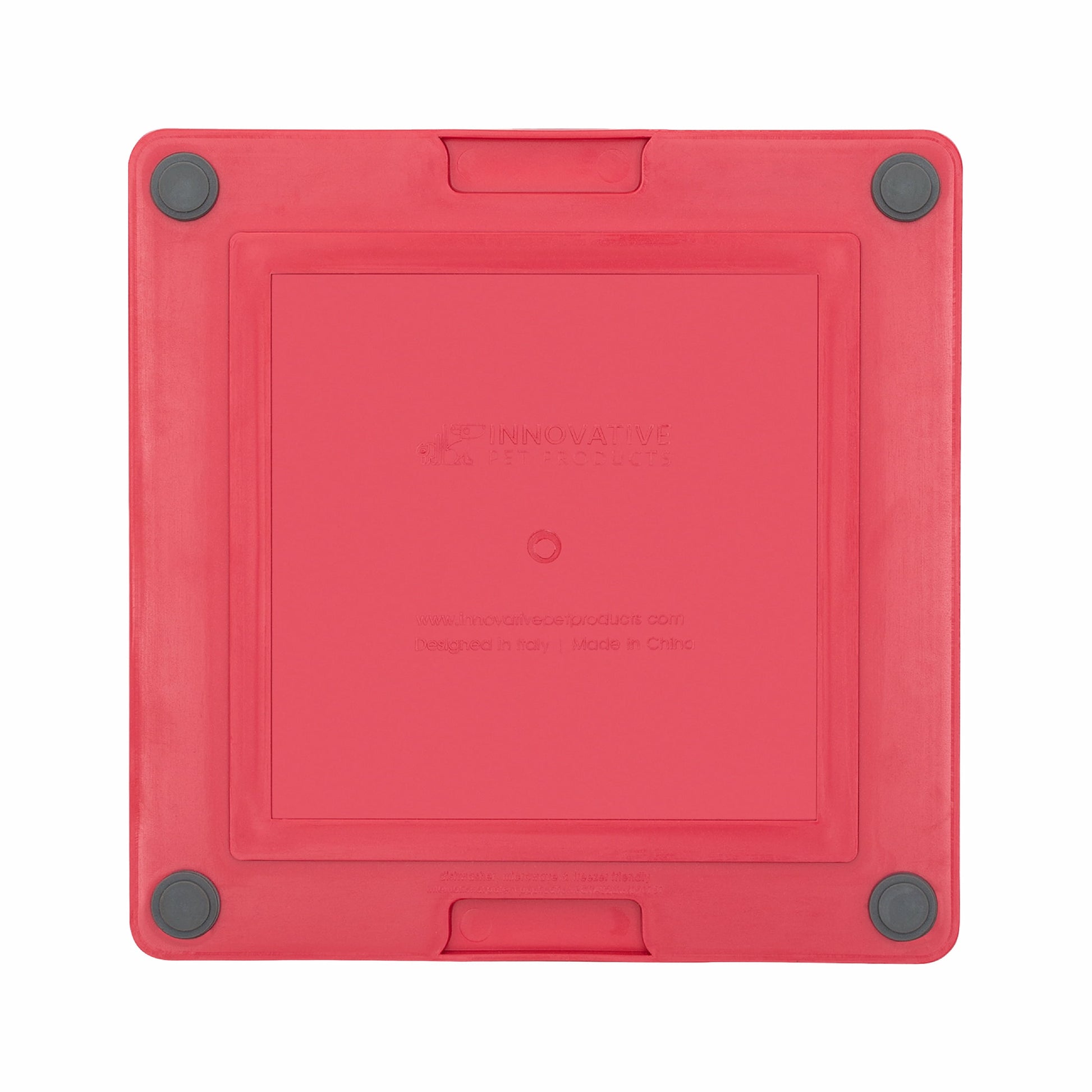 Red LickiMat® Tuff Playdate™ for Cats – Durable Slow Feeder Lick Mat on white background (rear view)