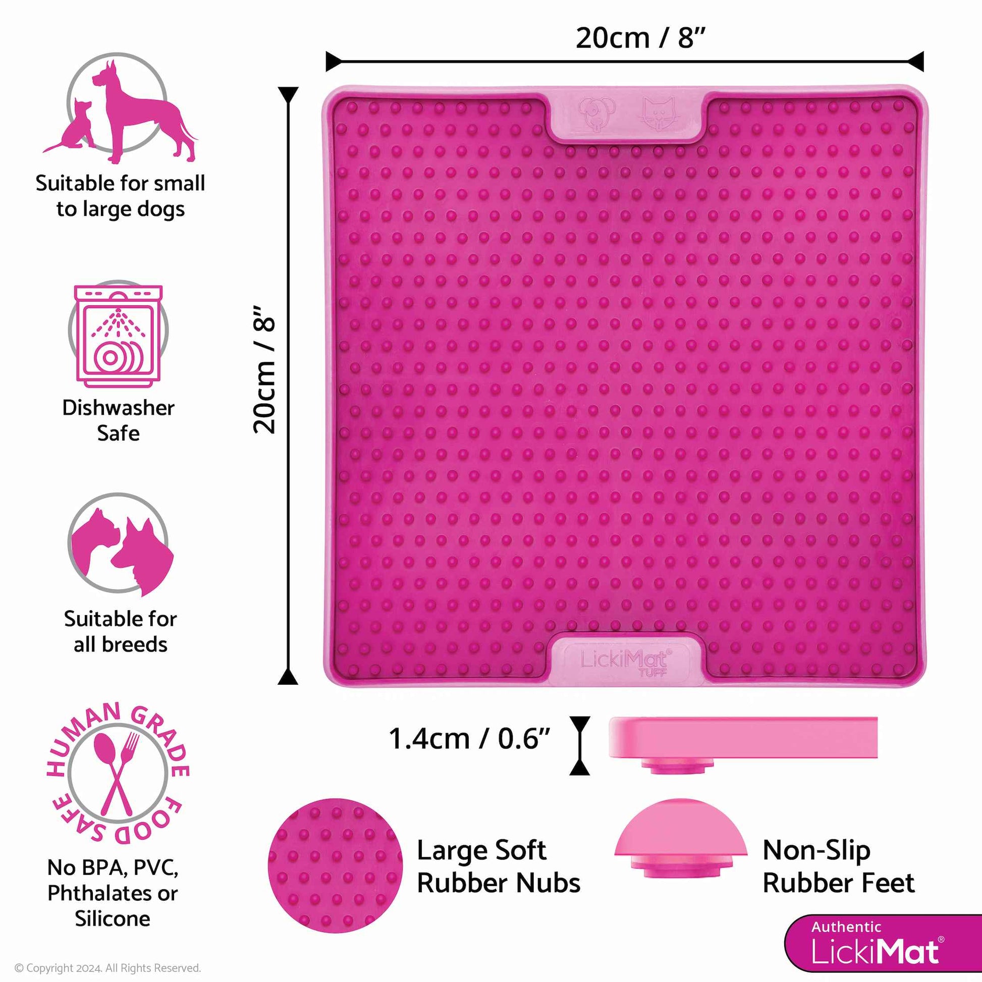 Pink LickiMat® Tuff Pro Soother™ – Slow Feeder Lick Mat for Dogs (measurements) on a white background