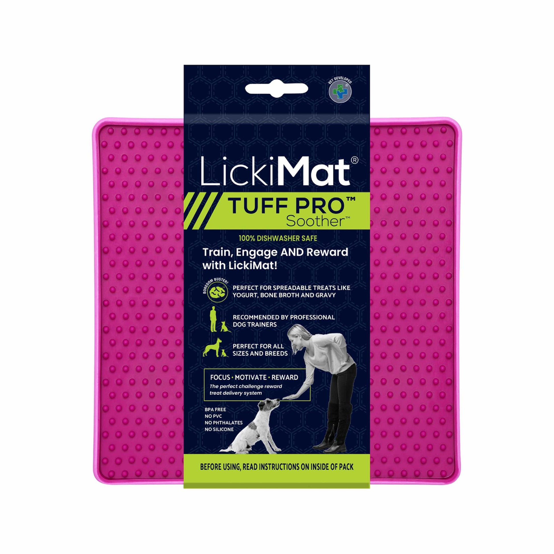 Pink LickiMat® Tuff Pro Soother™ – Slow Feeder Lick Mat for Dogs (label) on a white background
