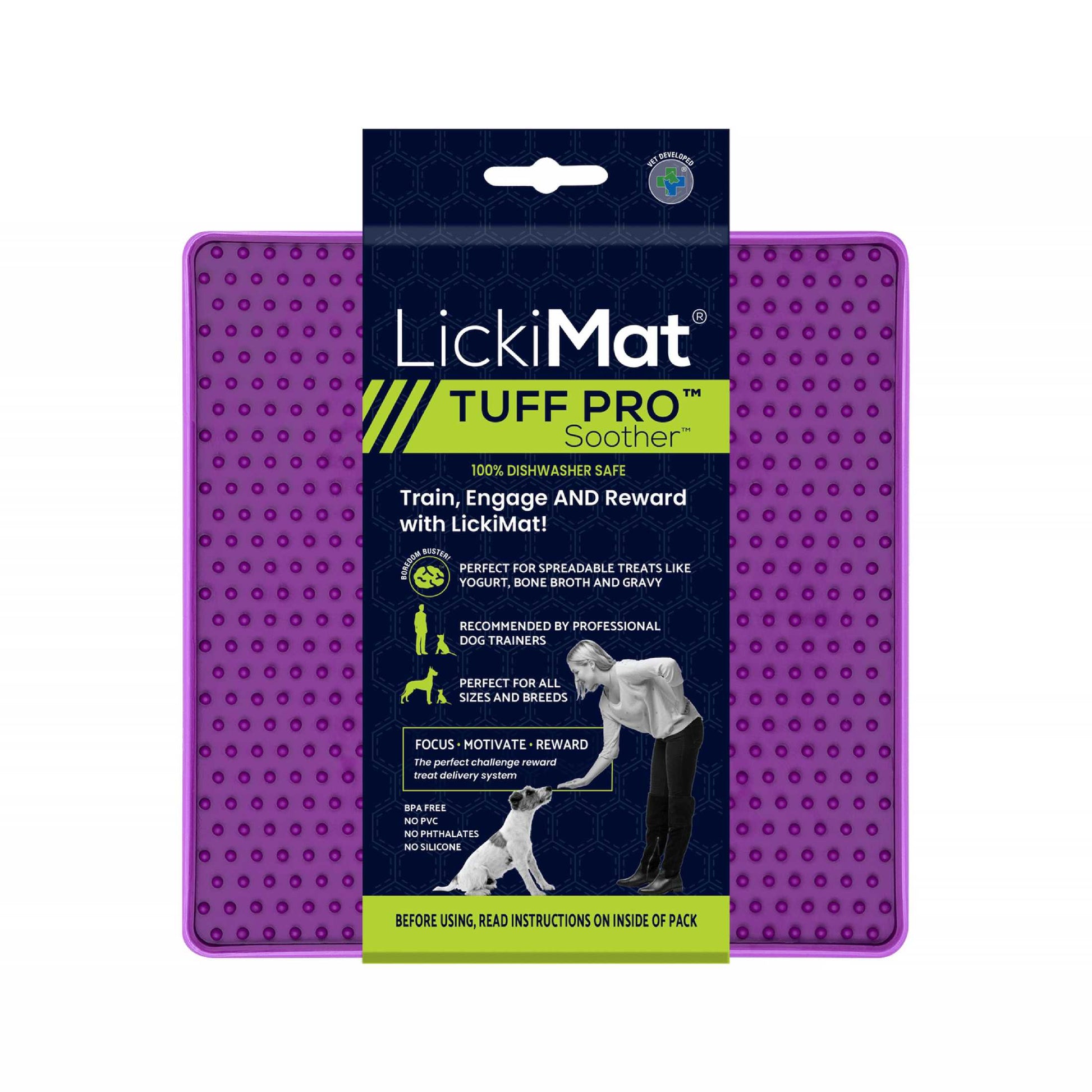 Purple LickiMat® Tuff Pro Soother™ – Slow Feeder Lick Mat for Dogs (label) on a white background