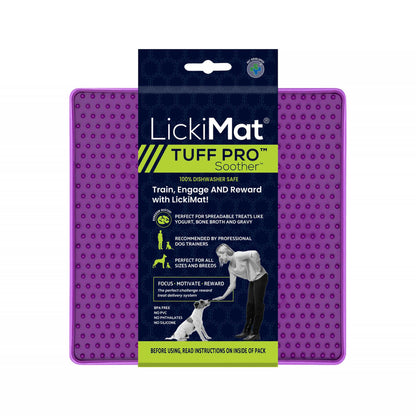 Purple LickiMat® Tuff Pro Soother™ – Slow Feeder Lick Mat for Dogs (label) on a white background