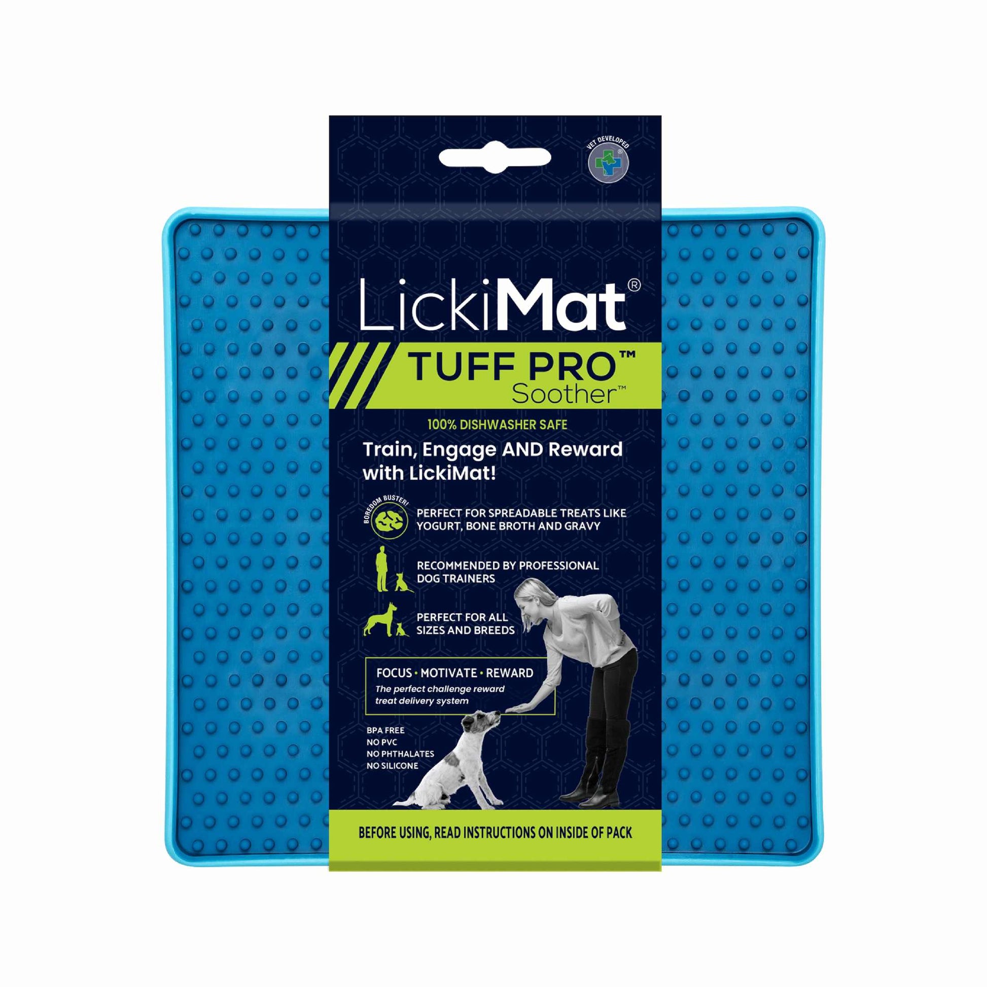 Turquoise LickiMat® Tuff Pro Soother™ – Slow Feeder Lick Mat for Dogs (label) on a white background