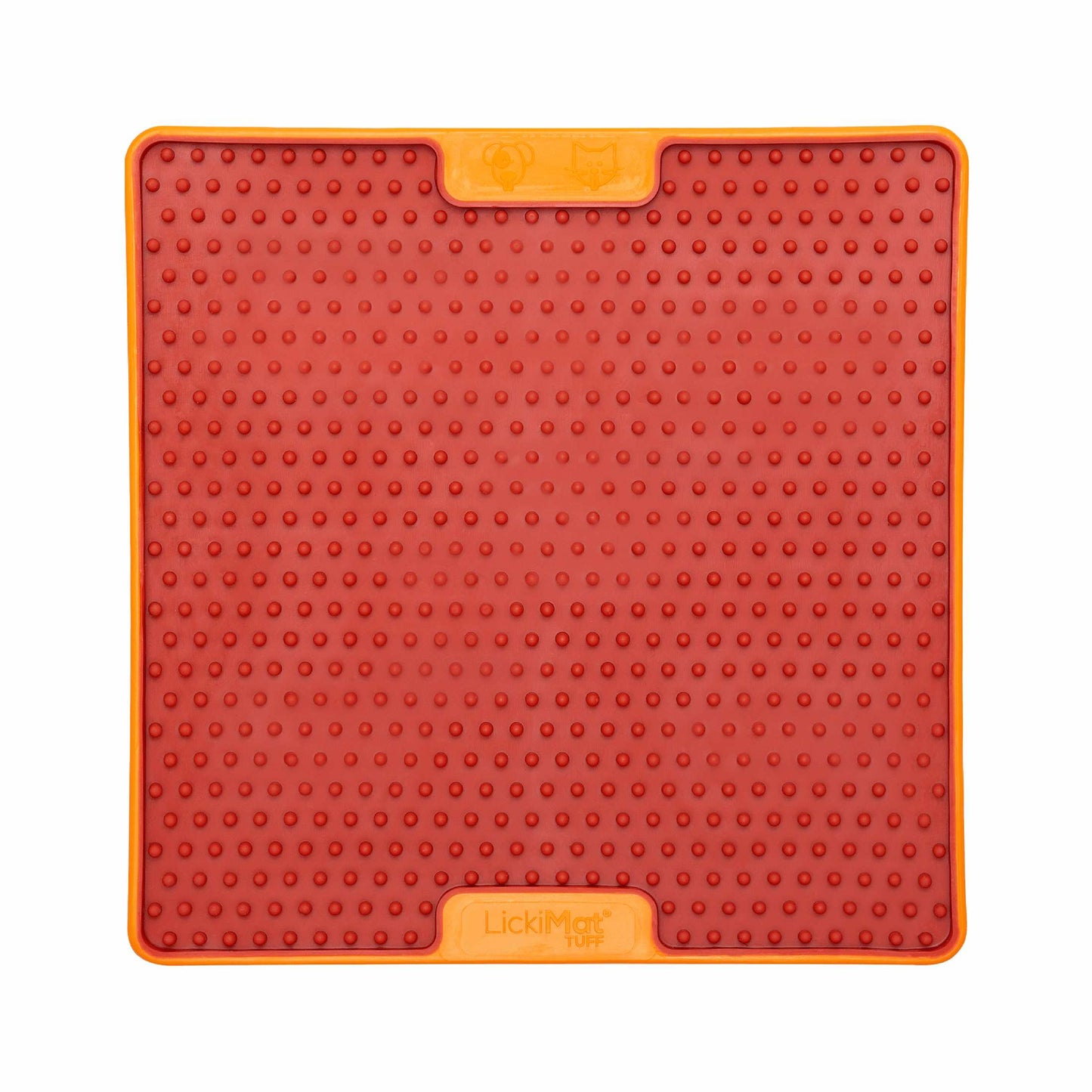 Orange LickiMat® Tuff Pro Soother™ – Slow Feeder Lick Mat for Dogs (front) on a white background
