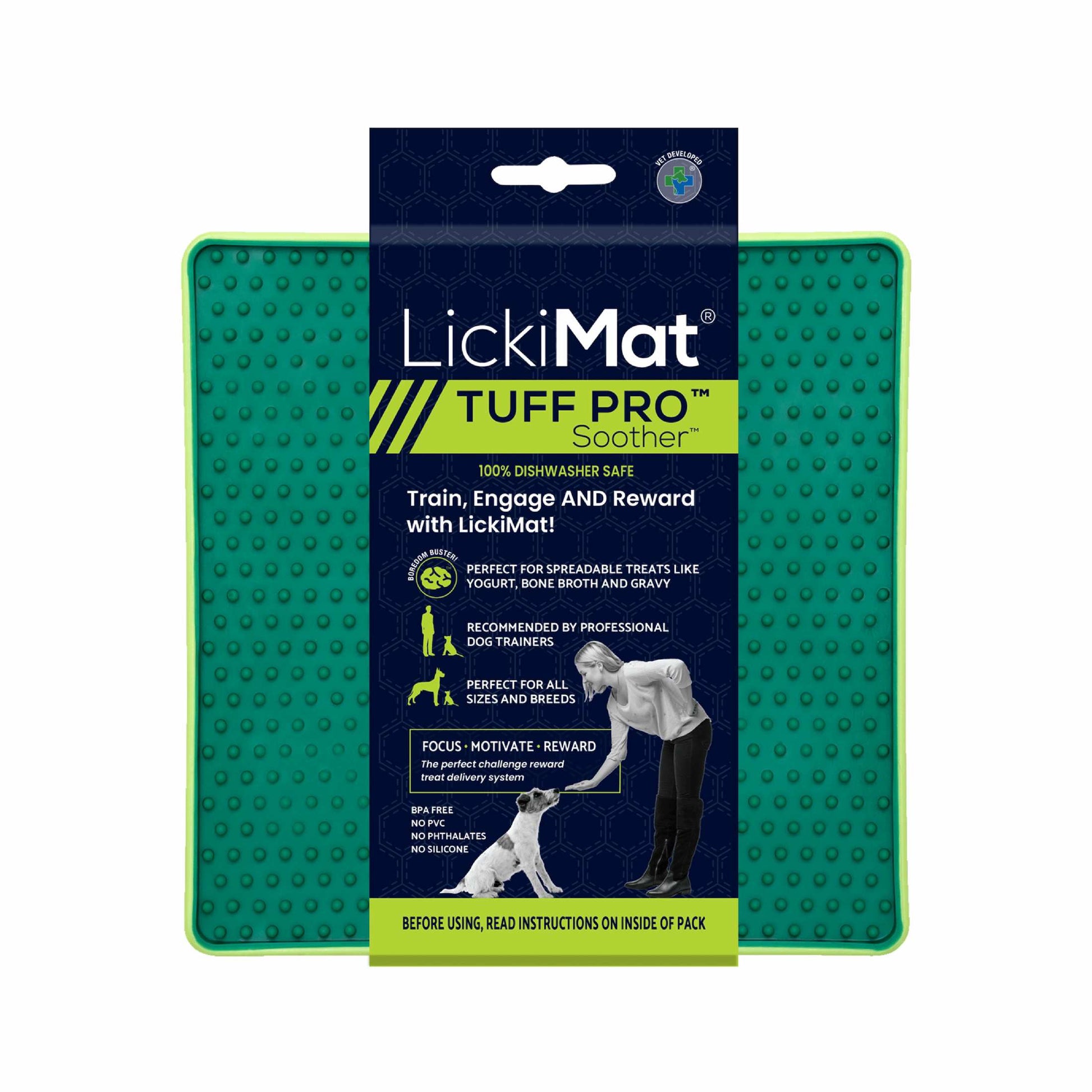 Green LickiMat® Tuff Pro Soother™ – Slow Feeder Lick Mat for Dogs (label) on a white background