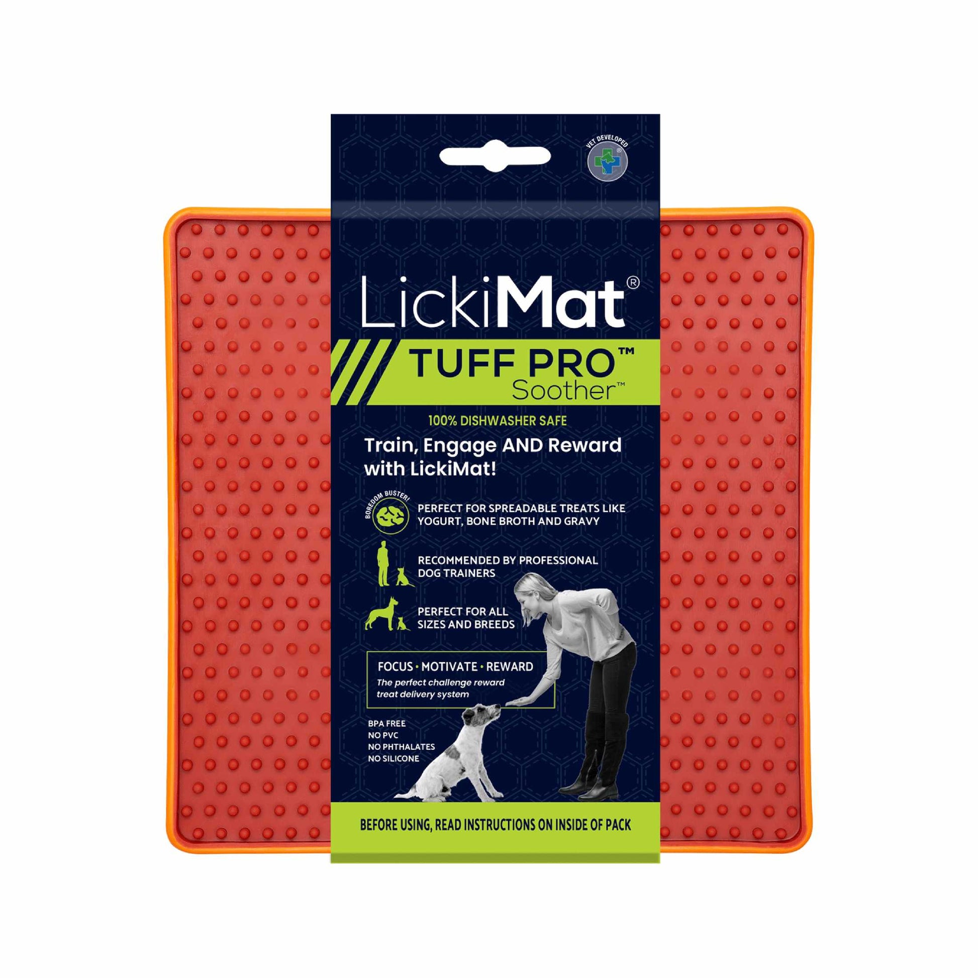 Orange LickiMat® Tuff Pro Soother™ – Slow Feeder Lick Mat for Dogs (label) on a white background