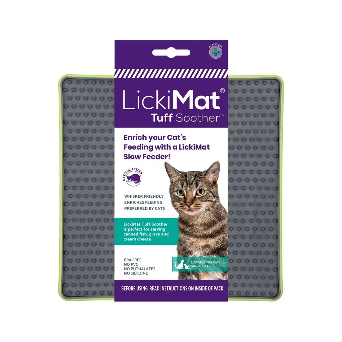 Green LickiMat® Tuff Soother™ for Cats – Durable Slow Feeder Lick Mat on white background (in package)