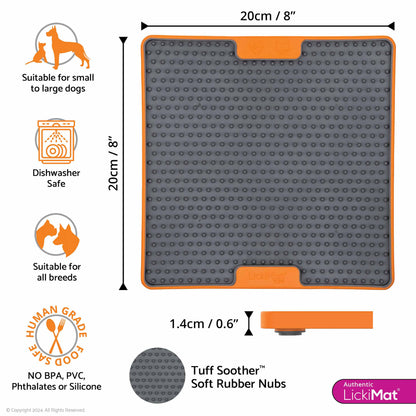 Orange LickiMat® Tuff Soother™ – Durable Slow Feeder Lick Mat for Dogs (measurements) on a white background