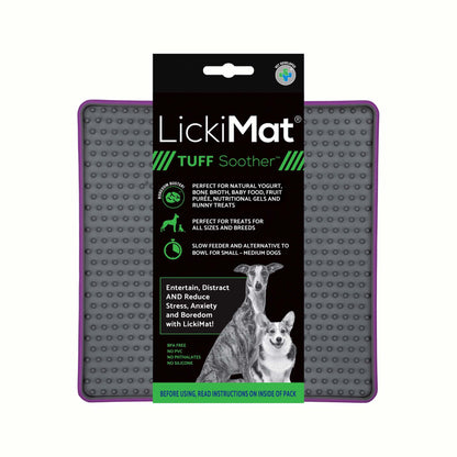 Purple LickiMat® Tuff Soother™ – Durable Slow Feeder Lick Mat for Dogs (label) on a white background
