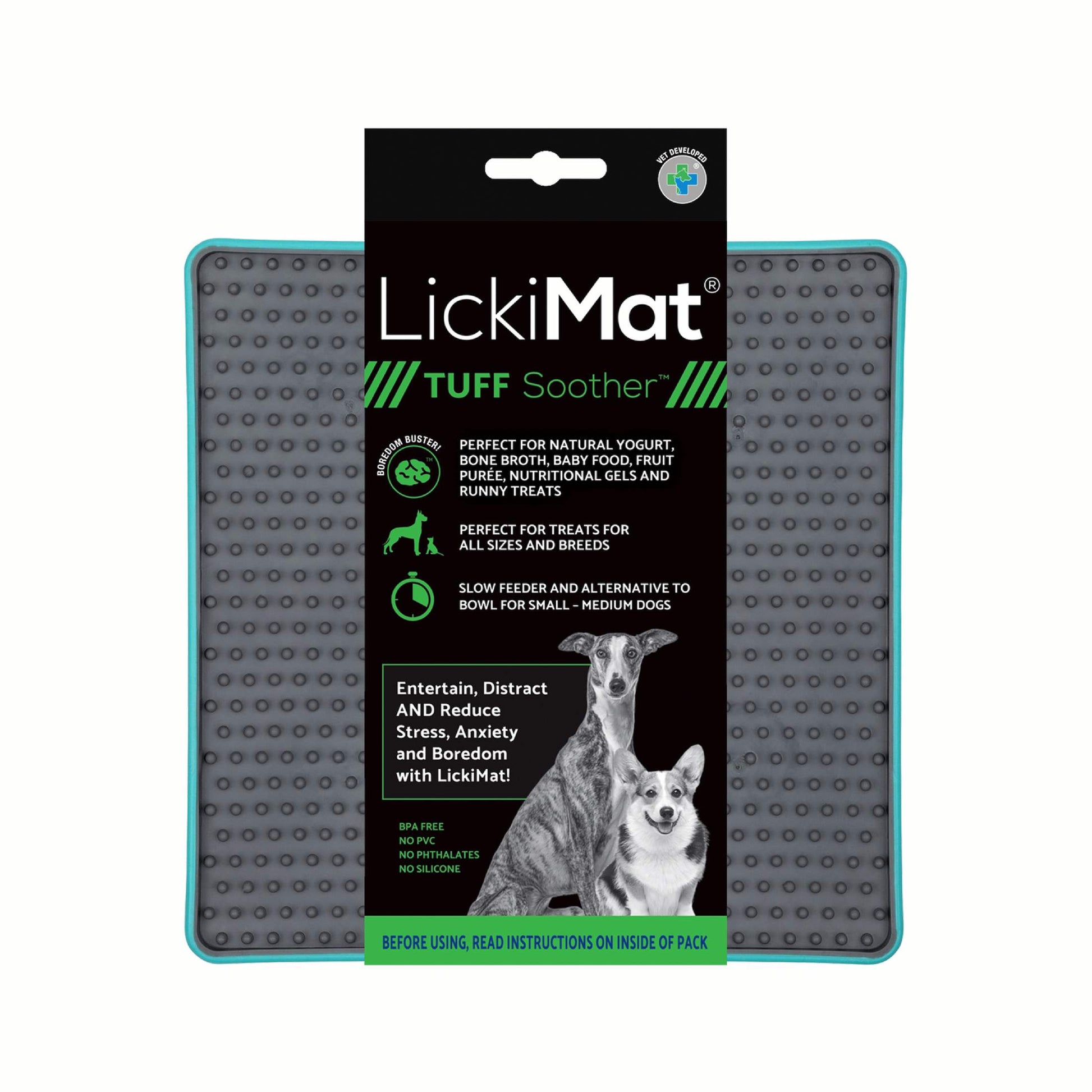 Turquoise LickiMat® Tuff Soother™ – Durable Slow Feeder Lick Mat for Dogs (label) on a white background