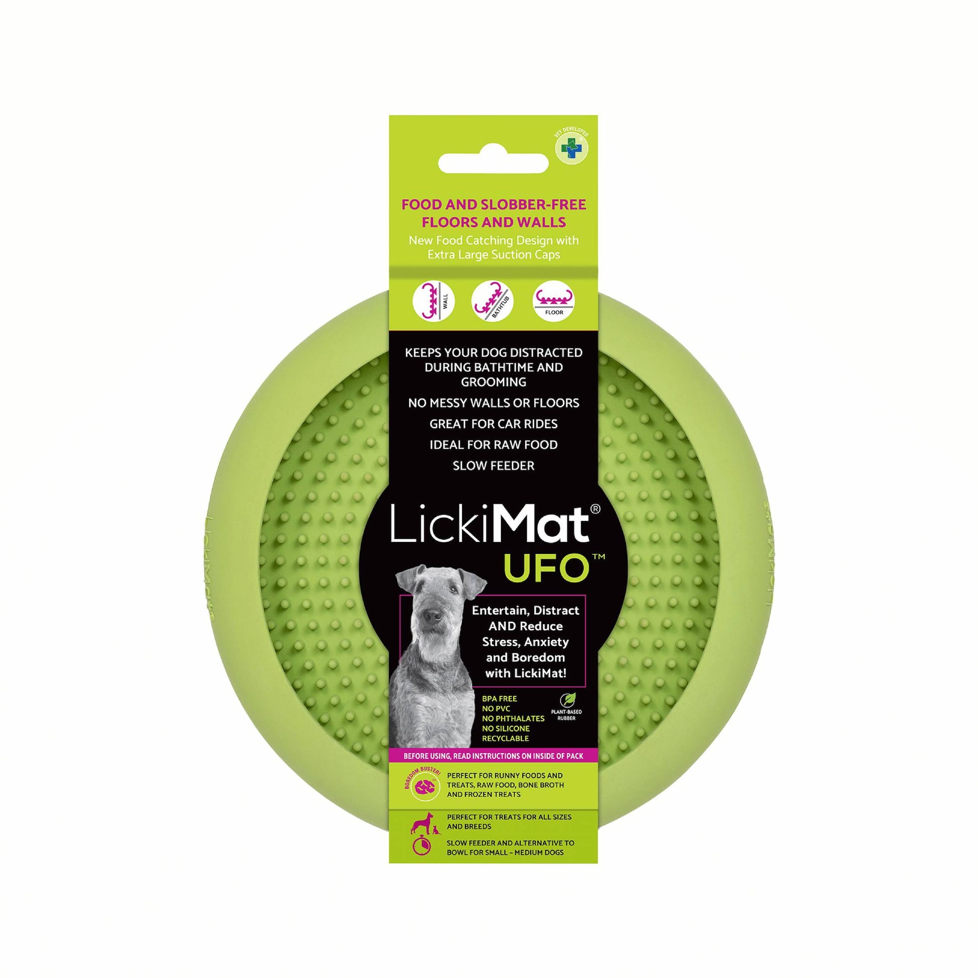 Green LickiMat® UFO™ – Suction Slow Feeder Dog Bowl (label) on a white background