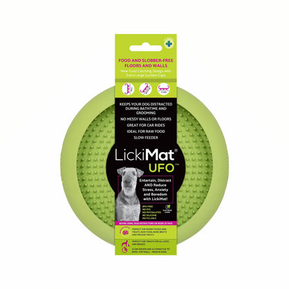 Green LickiMat® UFO™ – Suction Slow Feeder Dog Bowl (label) on a white background