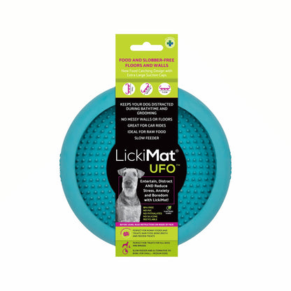 Turquoise LickiMat® UFO™ – Suction Slow Feeder Dog Bowl (label) on a white background