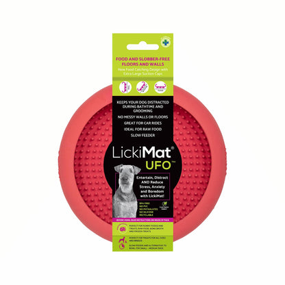 Pink LickiMat® UFO™ – Suction Slow Feeder Dog Bowl (label) on a white background
