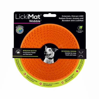 Orange LickiMat® Wobble™ – Fun, Reversible Slow Feeder Bowl for Dogs (label) on a white background
