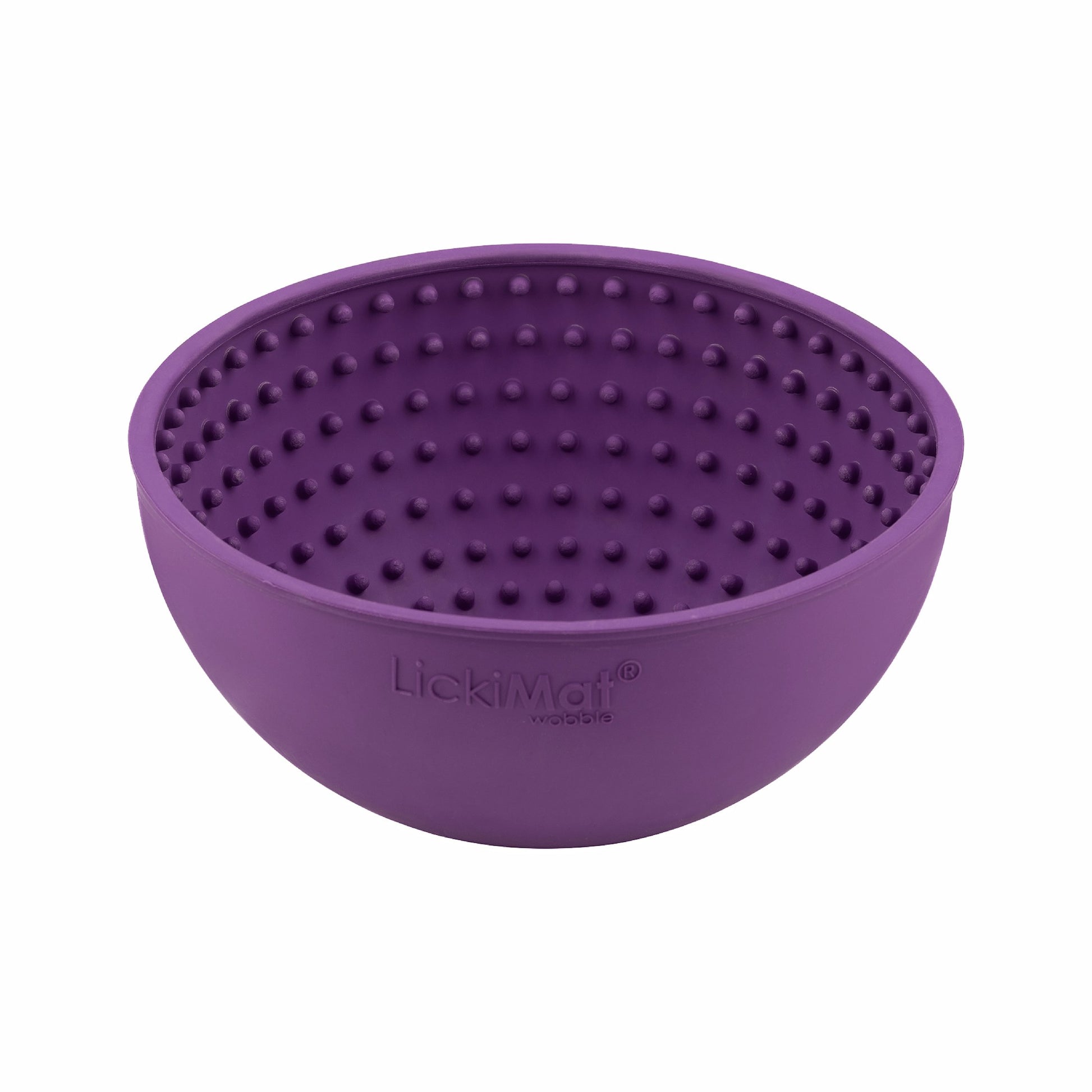 Purple LickiMat® Wobble™ – Fun, Reversible Slow Feeder Bowl for Dogs (front) on a white background