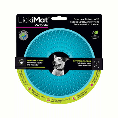 Turquoise LickiMat® Wobble™ – Fun, Reversible Slow Feeder Bowl for Dogs (label) on a white background