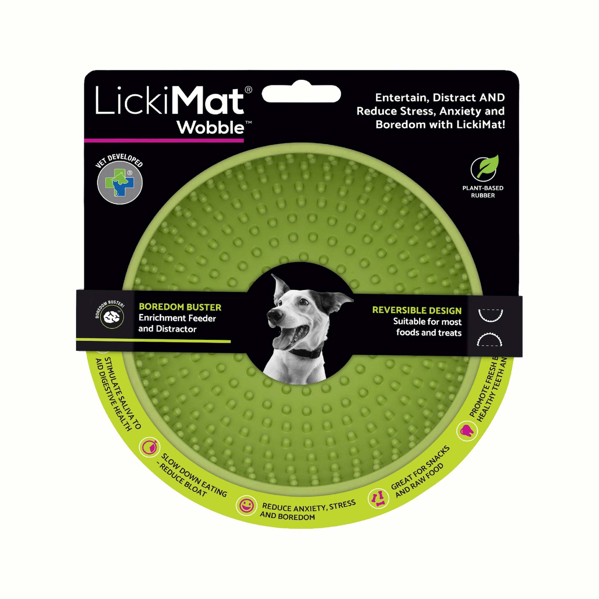 Green LickiMat® Wobble™ – Fun, Reversible Slow Feeder Bowl for Dogs (label) on a white background